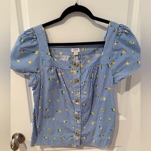 J. Crew Blue and White Puff Sleeve Smocked Blouse
